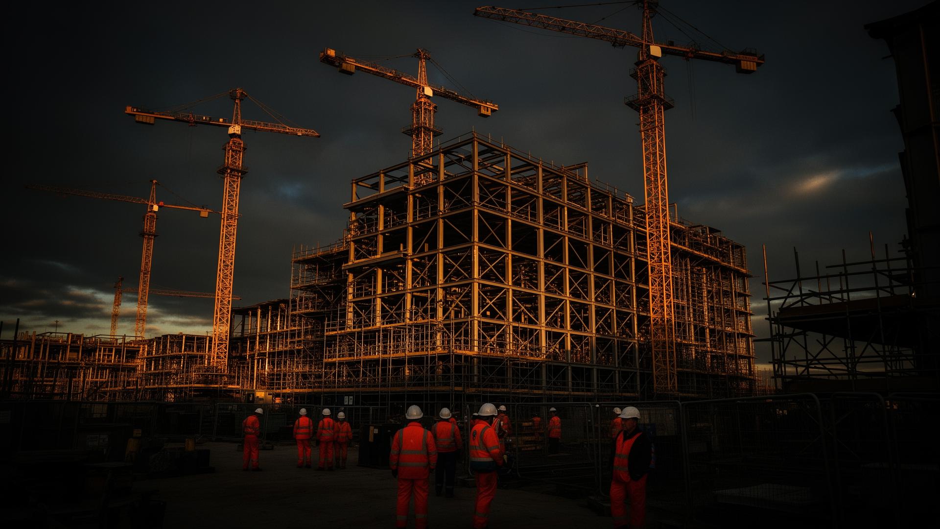 UK commercial construction site with cranes at golden hour